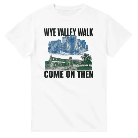 Two-colour scenic illustration for Wye Valley Walk, with the place name and COME ON THEN lettering.