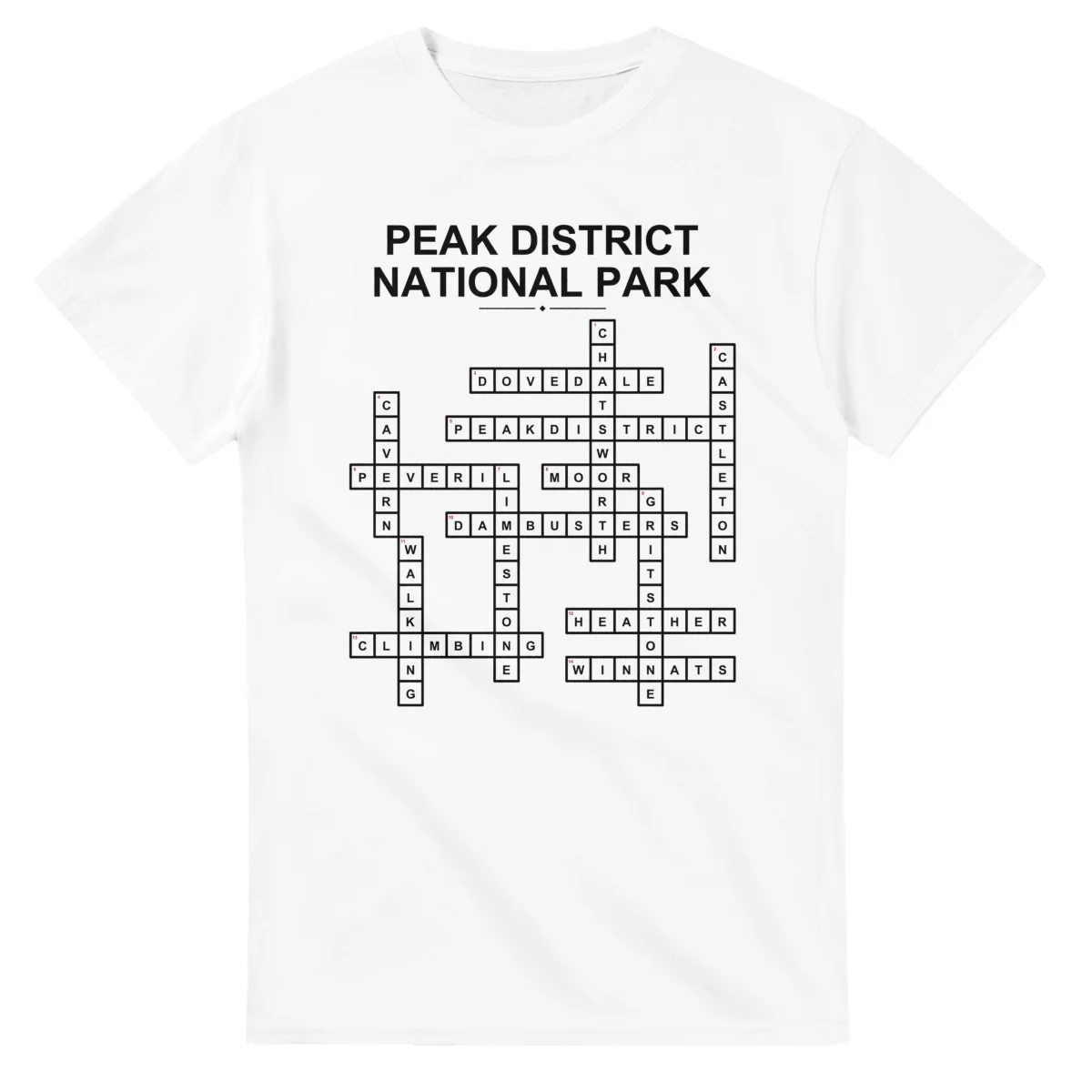 Monochrome crossword sheet for Peak District National Park, with a large place-name heading, a letter grid, and numbered across and down clues.