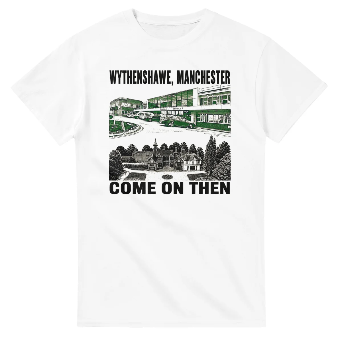 Two-colour scenic illustration for Wythenshawe, with the place name and COME ON THEN lettering.
