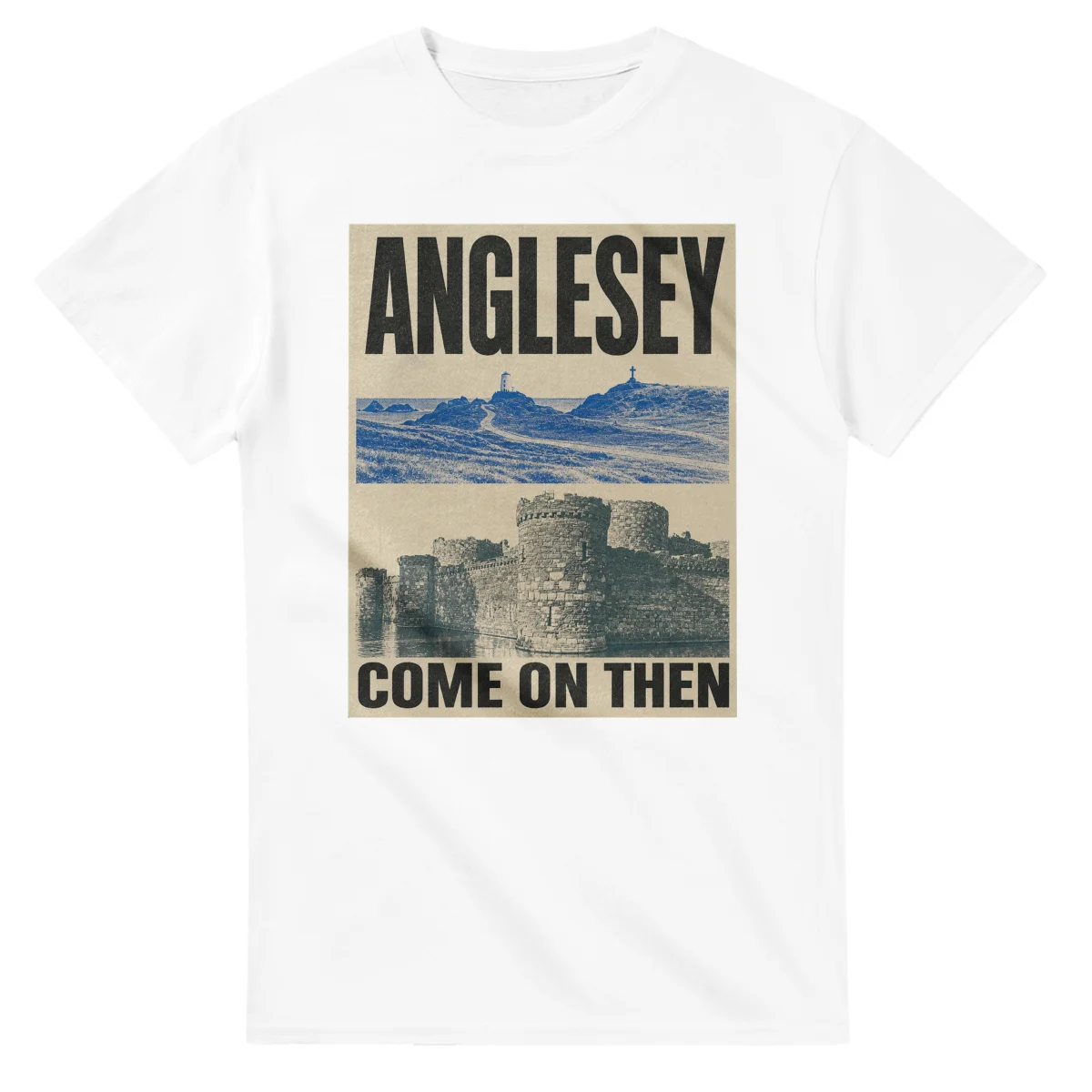 Two-colour scenic illustration for Anglesey, with the place name and COME ON THEN lettering.