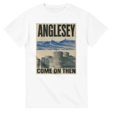 Two-colour scenic illustration for Anglesey, with the place name and COME ON THEN lettering.