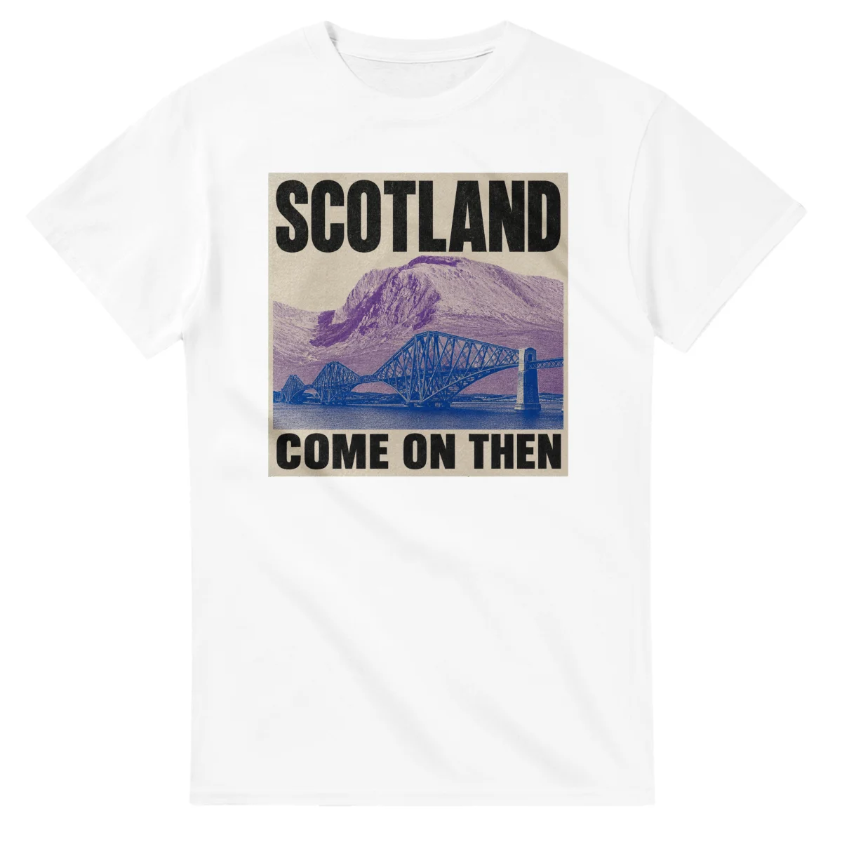Two-colour scenic illustration for Scotland, with the place name and COME ON THEN lettering.