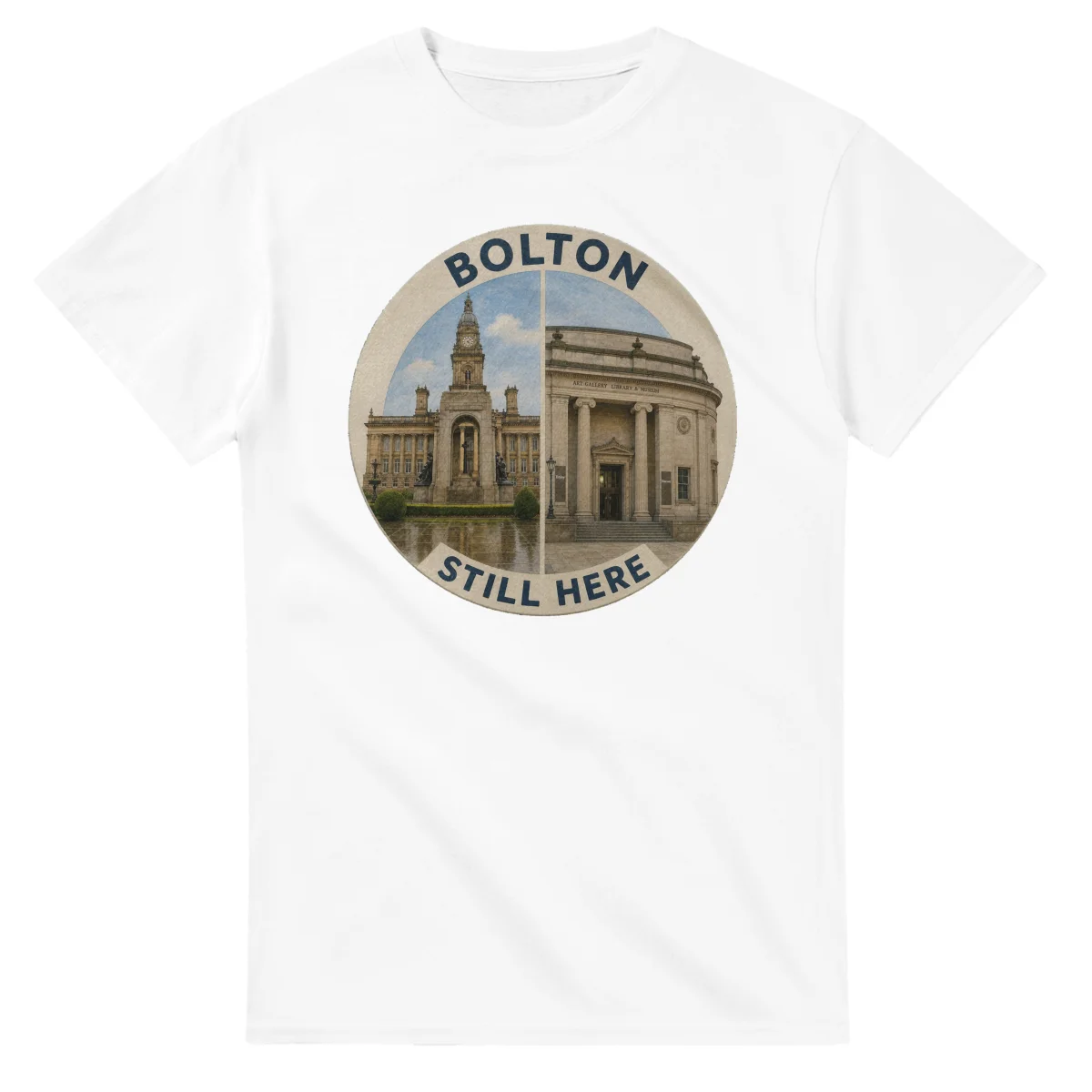 Painted, panelled scenic illustration for Bolton, with paired local scenes and the place name in lettering.