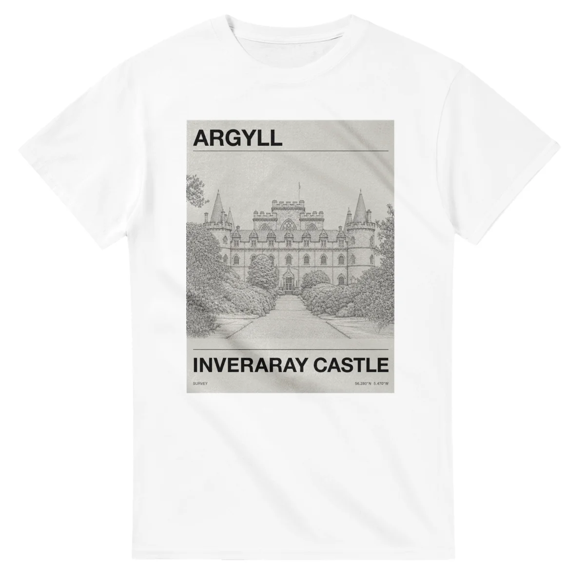 Fine-line engraving-style drawing for Argyll, with a landmark caption and small coordinate text.