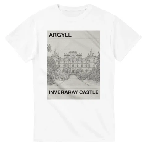 Fine-line engraving-style drawing for Argyll, with a landmark caption and small coordinate text.