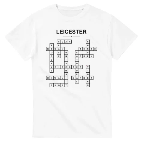 Monochrome crossword sheet for Leicester, with a large place-name heading, a letter grid, and numbered across and down clues.
