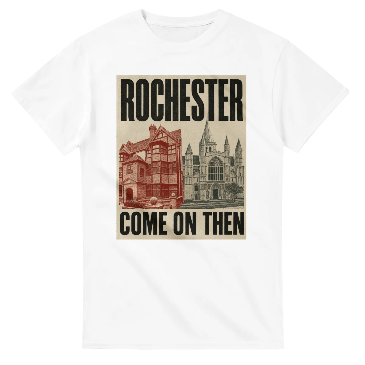 Two-colour scenic illustration for Rochester, with the place name and COME ON THEN lettering.