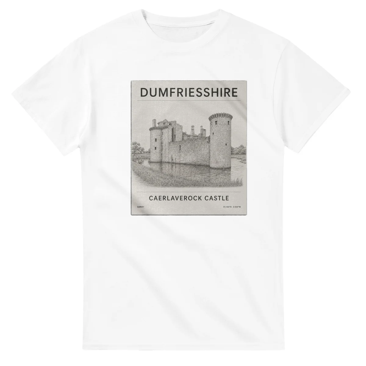 Fine-line engraving-style drawing for Dumfriesshire, with a landmark caption and small coordinate text.