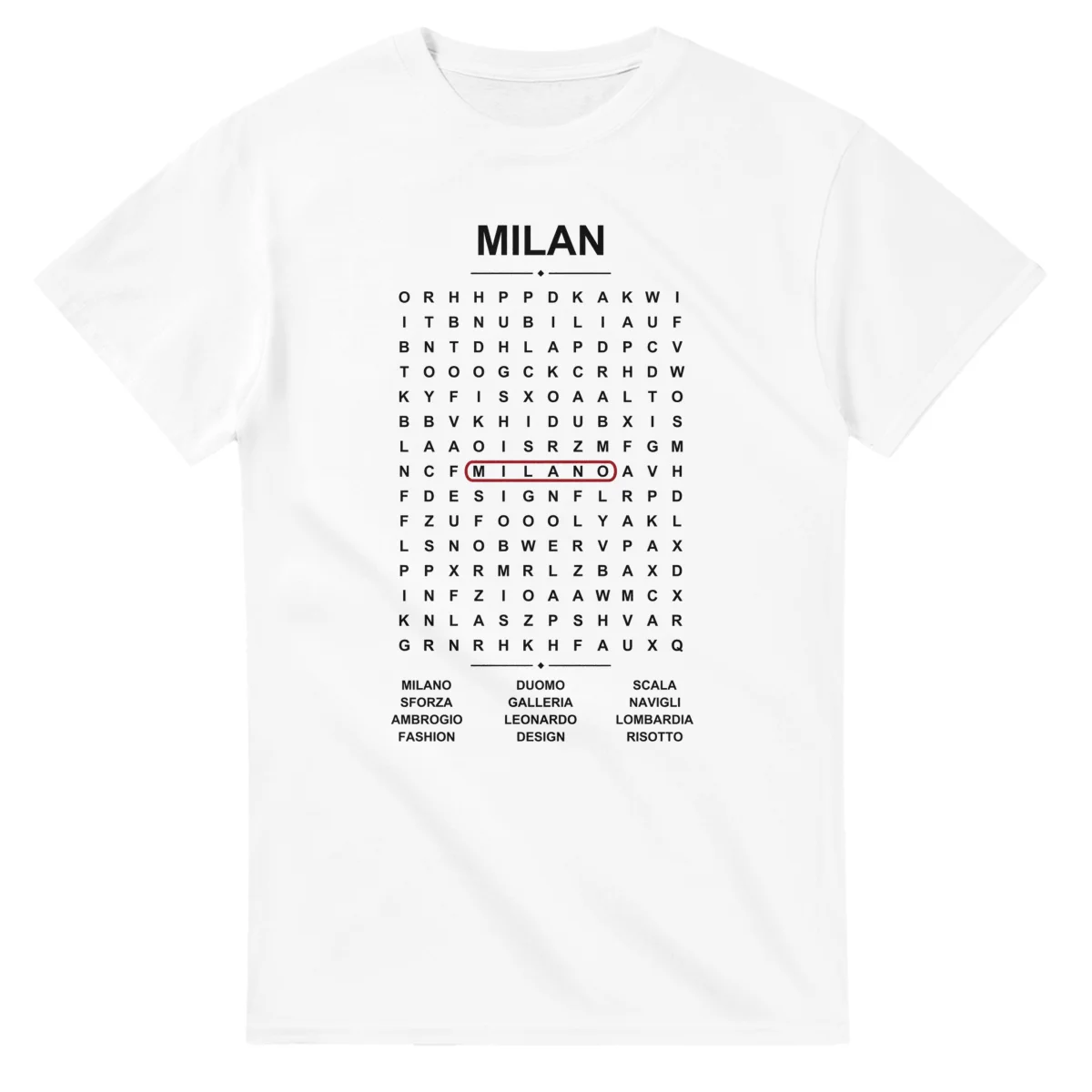 Word-search sheet for Milan, with a large place-name heading, a letter grid, a local answer list, and a red highlighted example word.