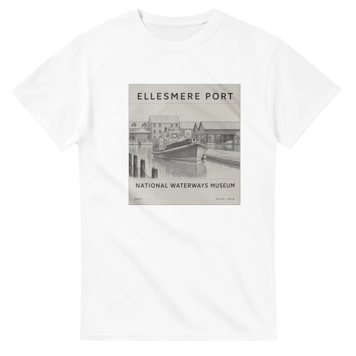 Fine-line engraving-style drawing for Ellesmere Port, with a landmark caption and small coordinate text.