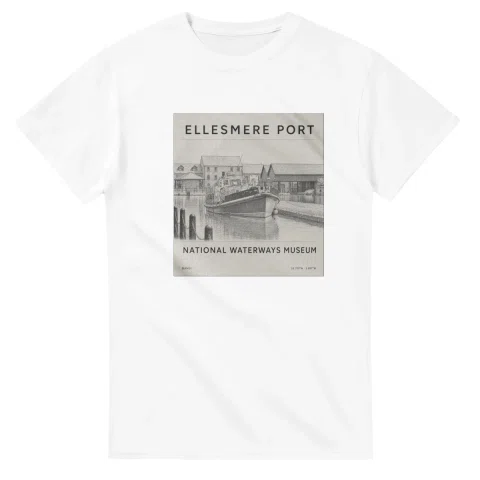 Fine-line engraving-style drawing for Ellesmere Port, with a landmark caption and small coordinate text.