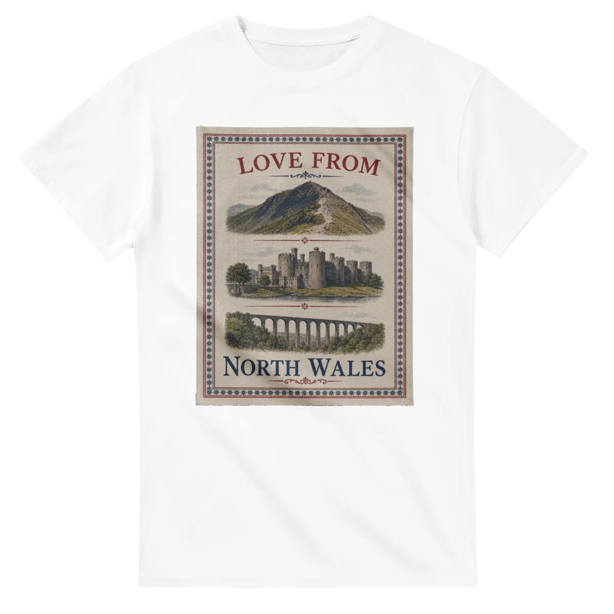 Framed scenic design for North Wales, with several local views, a decorative border and LOVE FROM lettering.
