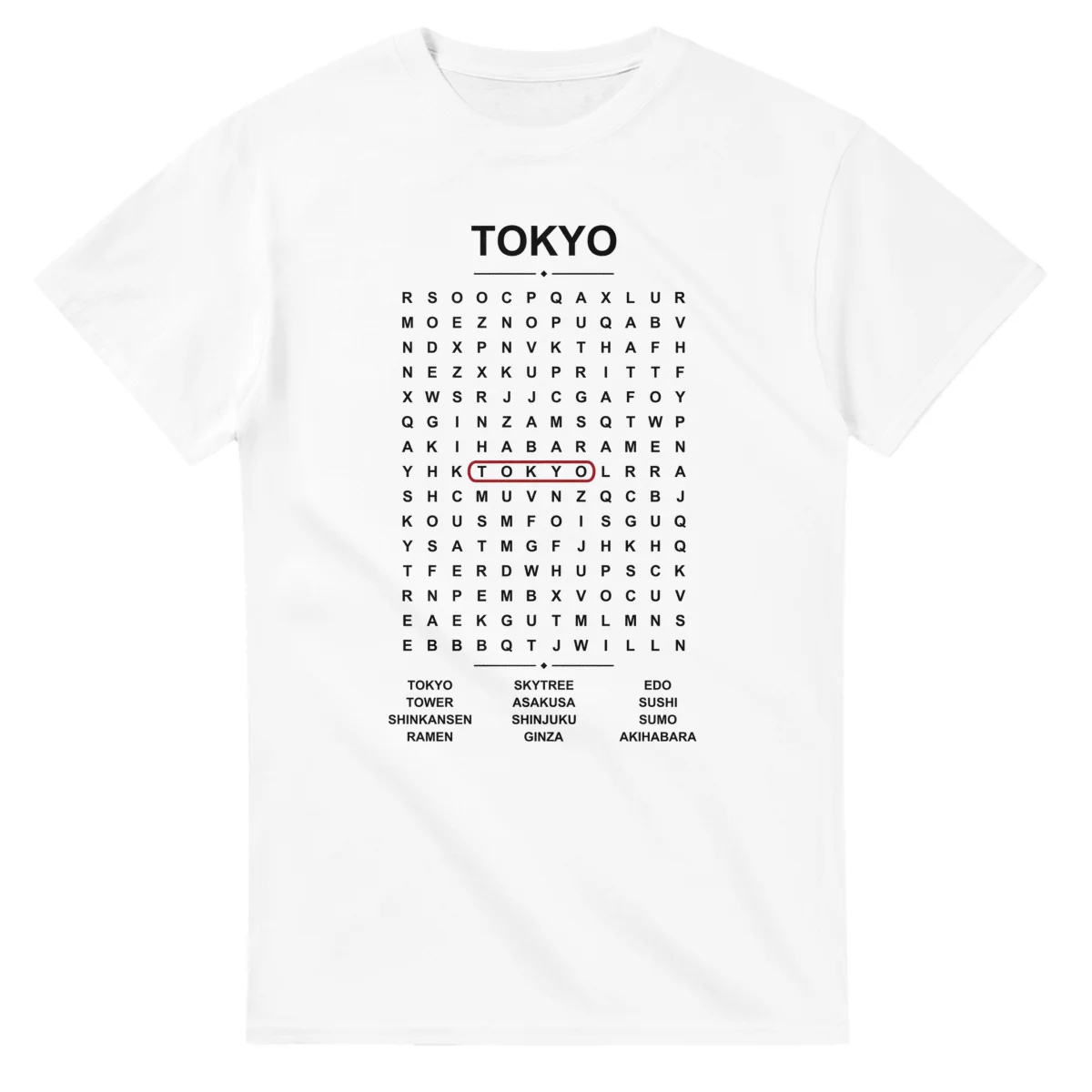 Word-search sheet for Tokyo, with a large place-name heading, a letter grid, a local answer list, and a red highlighted example word.