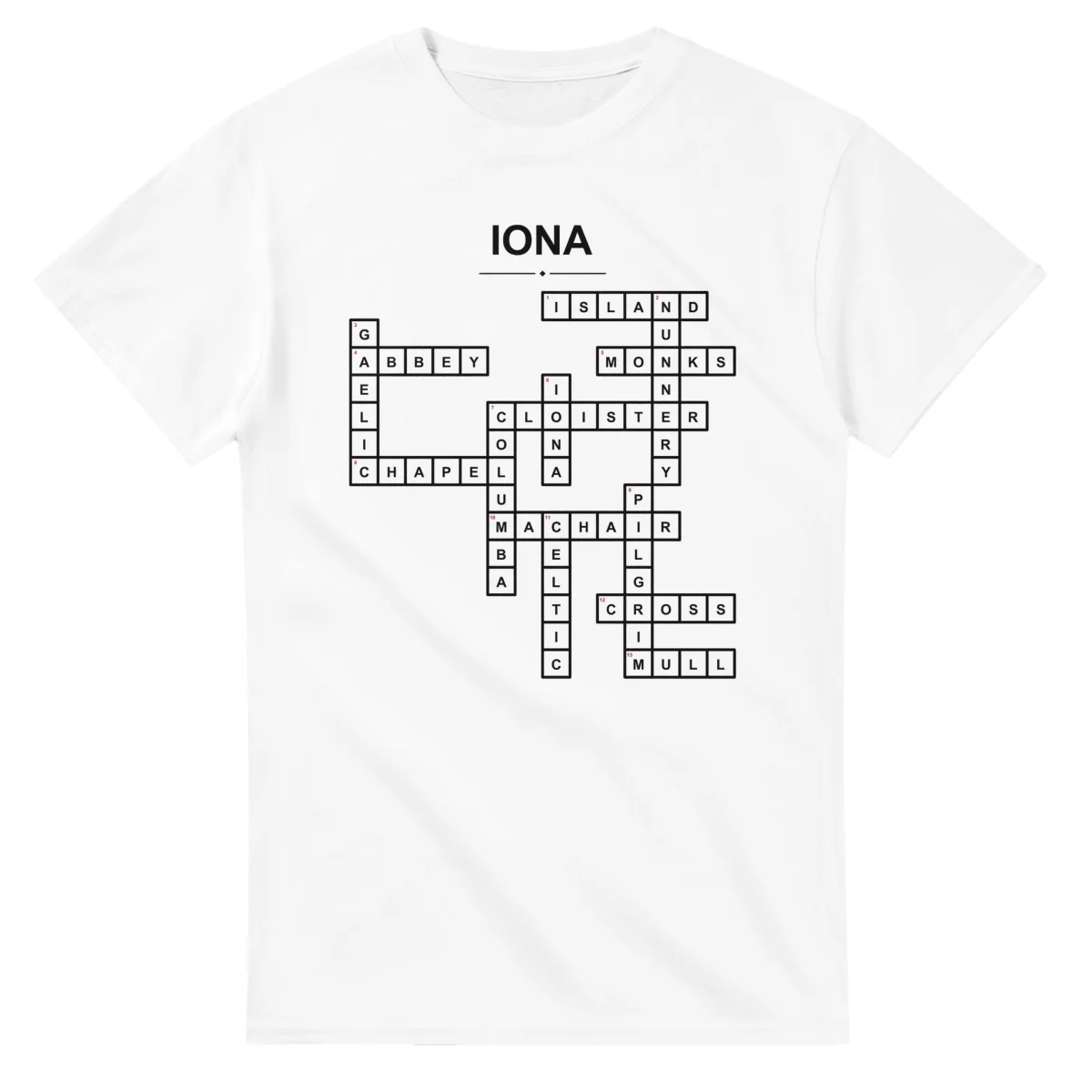 Monochrome crossword sheet for Iona, with a large place-name heading, a letter grid, and numbered across and down clues.