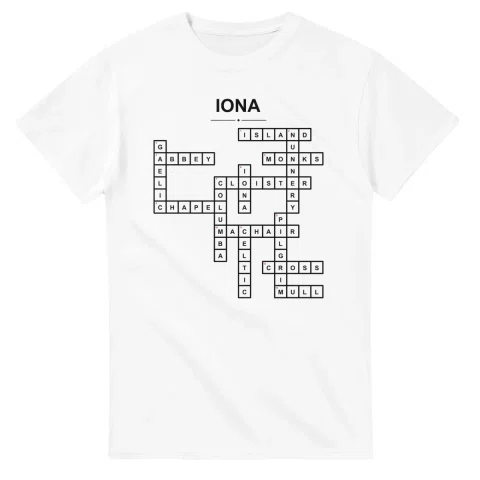 Monochrome crossword sheet for Iona, with a large place-name heading, a letter grid, and numbered across and down clues.