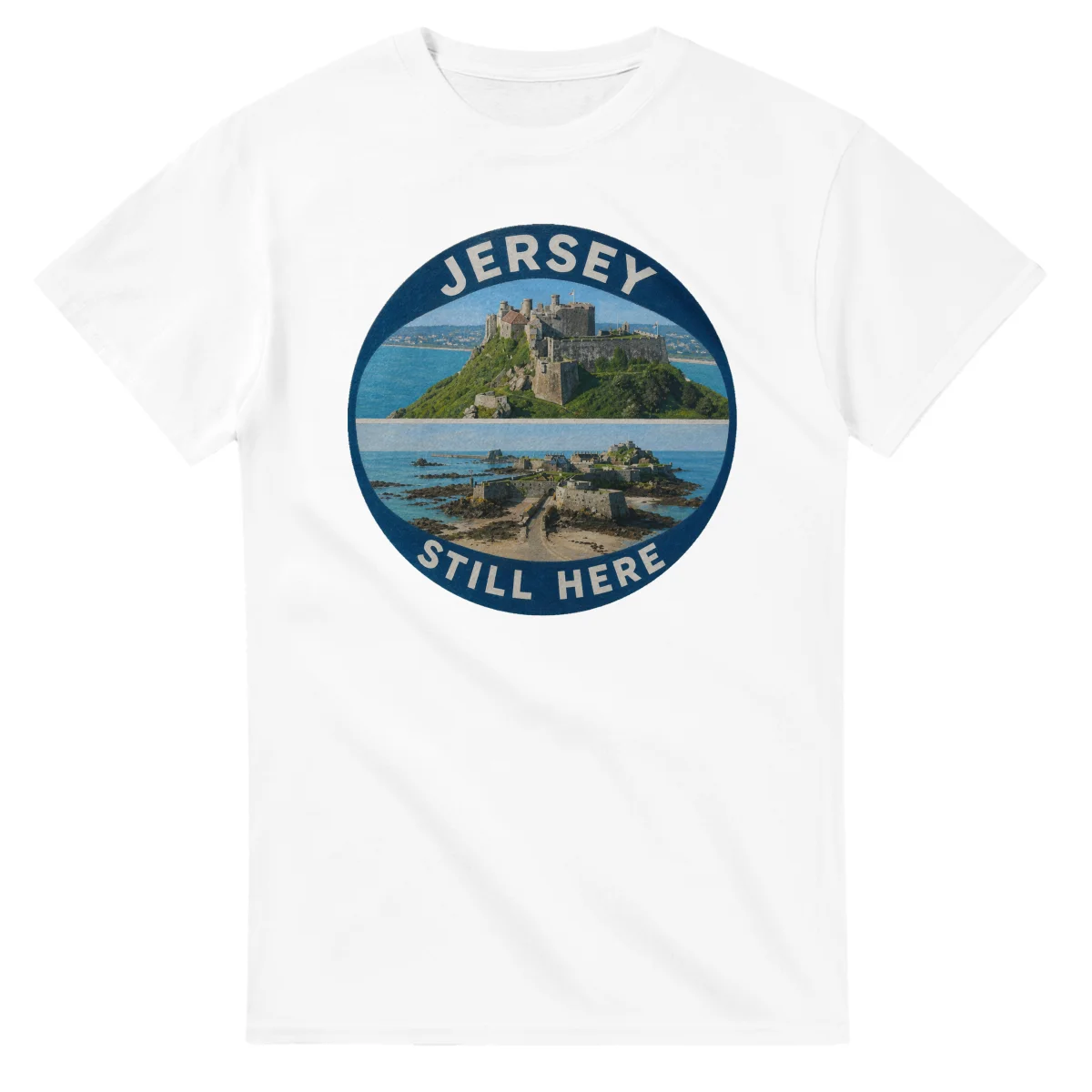 Painted, panelled scenic illustration for Jersey, with paired local scenes and the place name in lettering.