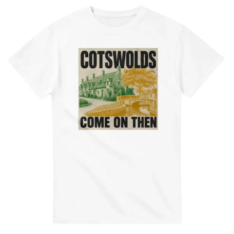 Two-colour scenic illustration for Cotswolds, with the place name and COME ON THEN lettering.
