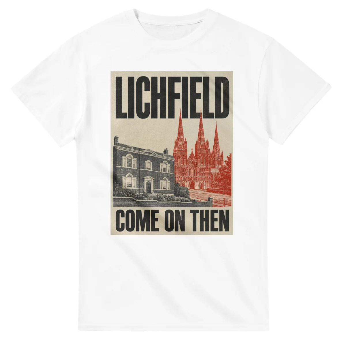 Two-colour scenic illustration for Lichfield, with the place name and COME ON THEN lettering.
