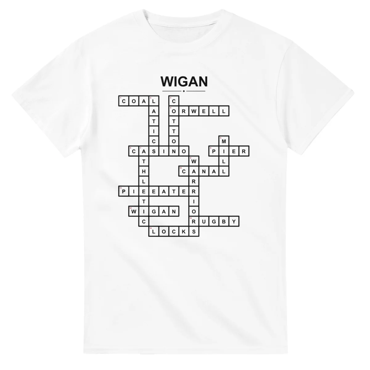 Monochrome crossword sheet for Wigan, with a large place-name heading, a letter grid, and numbered across and down clues.
