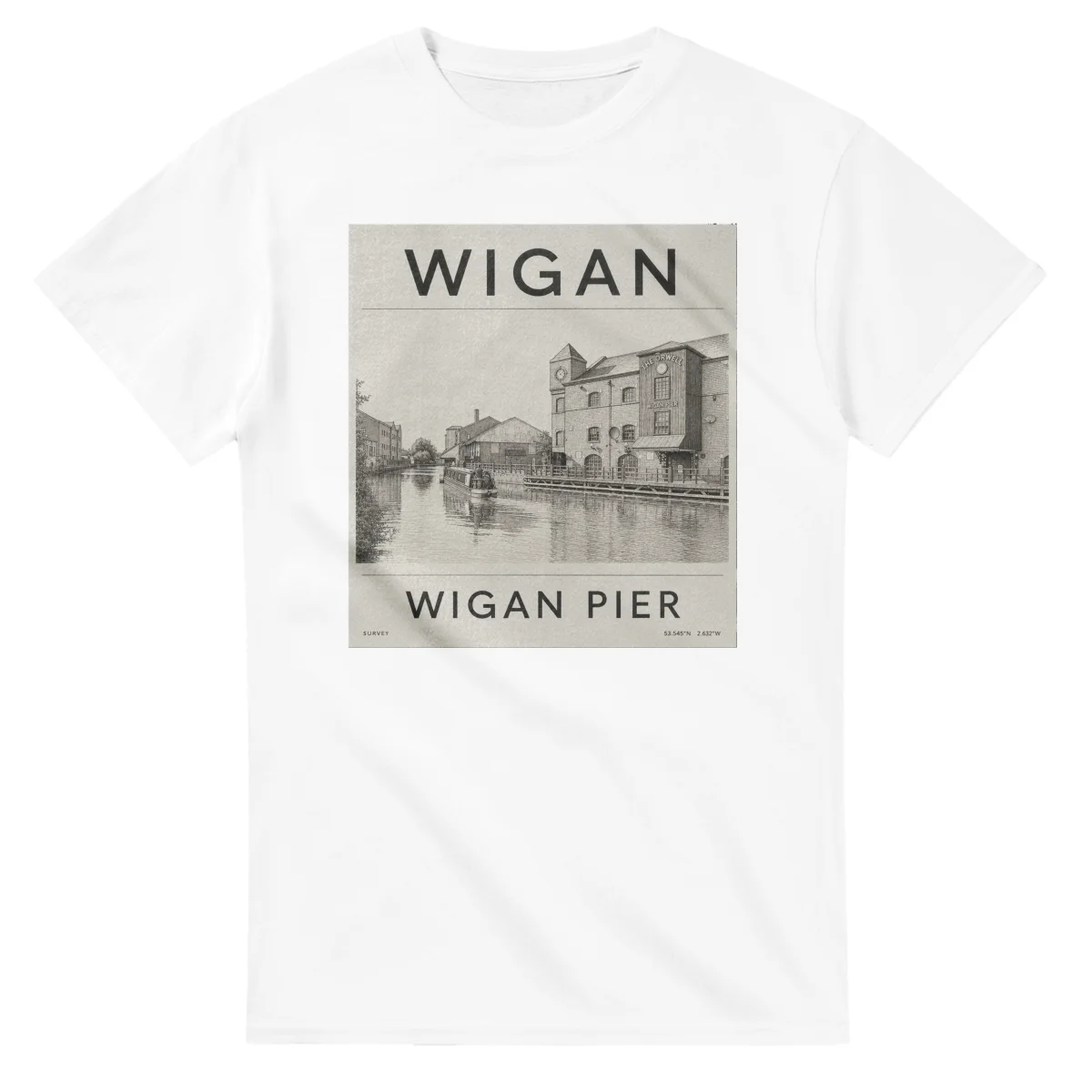 Fine-line engraving-style drawing for Wigan, with a landmark caption and small coordinate text.