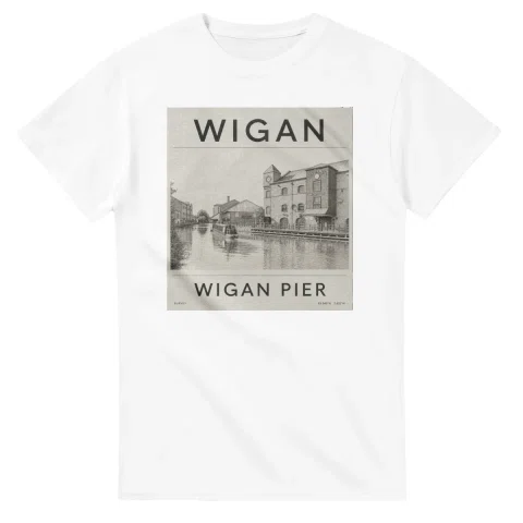 Fine-line engraving-style drawing for Wigan, with a landmark caption and small coordinate text.