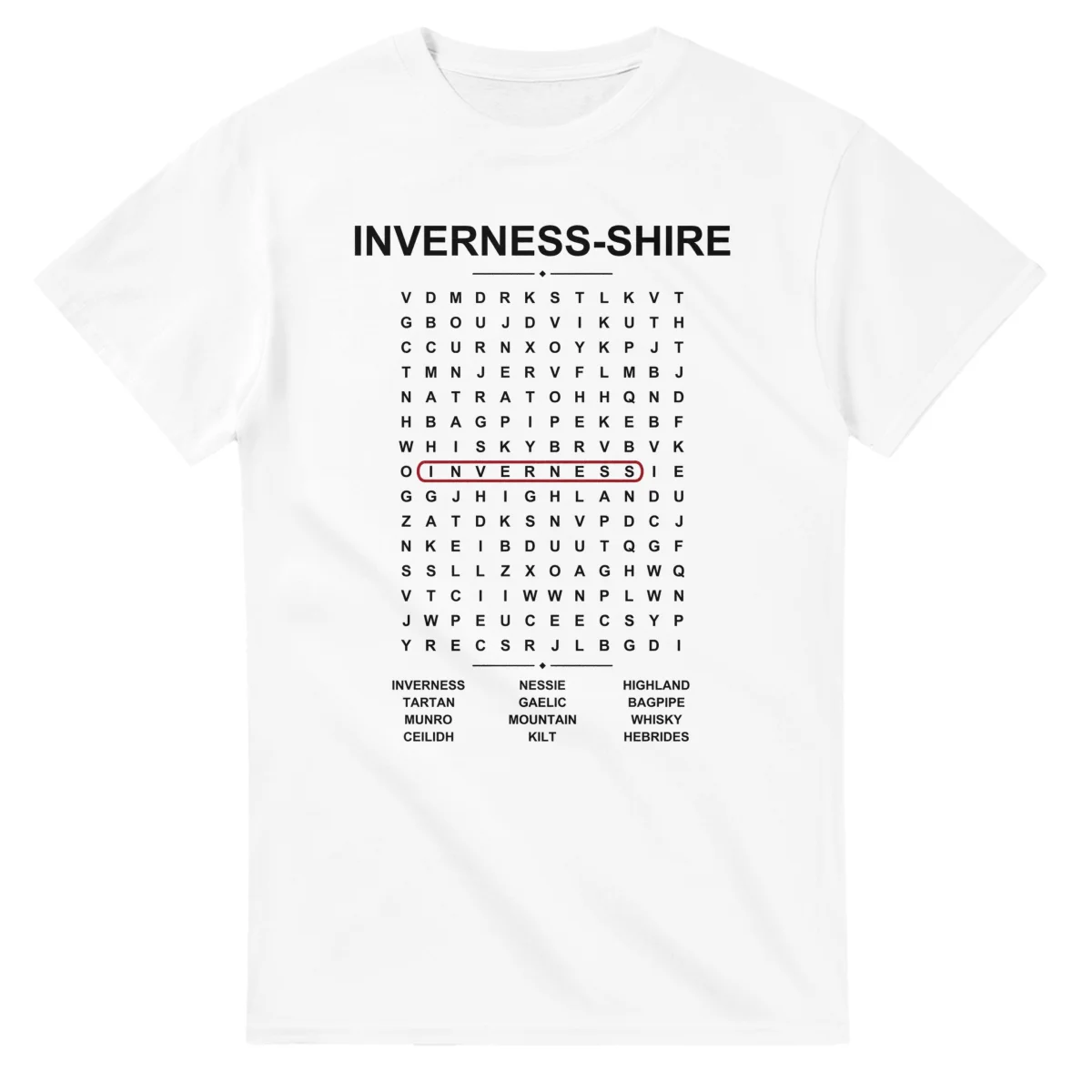 Word-search sheet for Inverness-shire, with a large place-name heading, a letter grid, a local answer list, and a red highlighted example word.