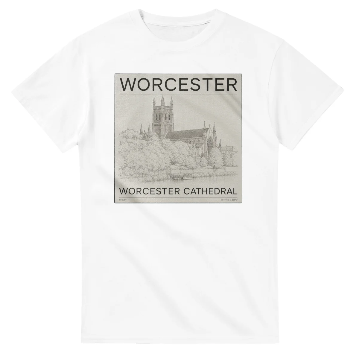 Fine-line engraving-style drawing for Worcester, with a landmark caption and small coordinate text.