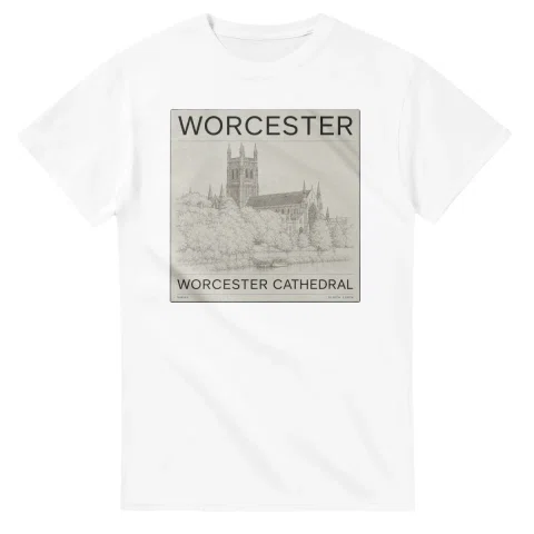 Fine-line engraving-style drawing for Worcester, with a landmark caption and small coordinate text.