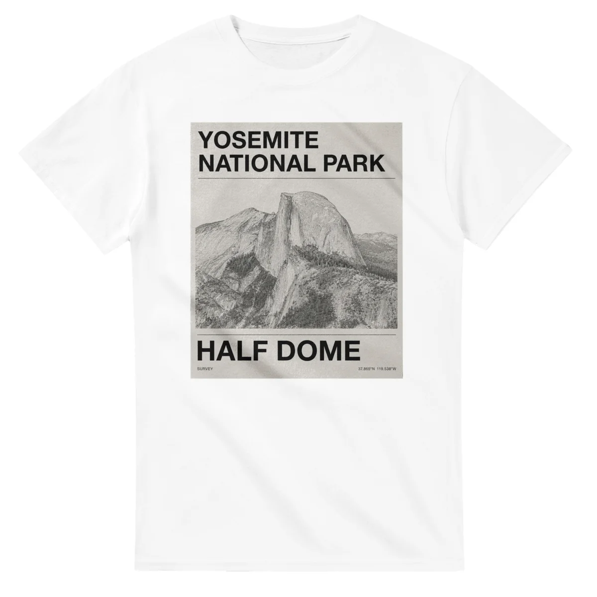 Fine-line engraving-style drawing for Yosemite National Park, with a landmark caption and small coordinate text.
