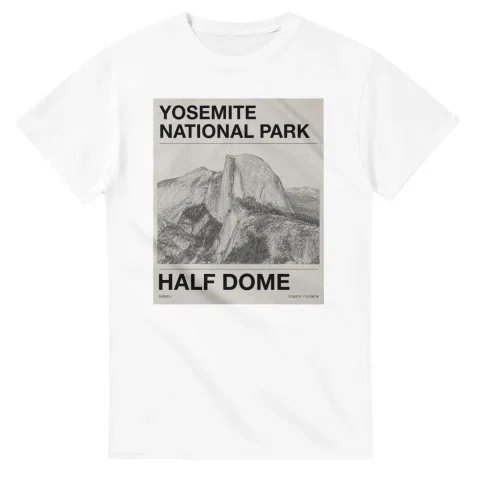 Fine-line engraving-style drawing for Yosemite National Park, with a landmark caption and small coordinate text.
