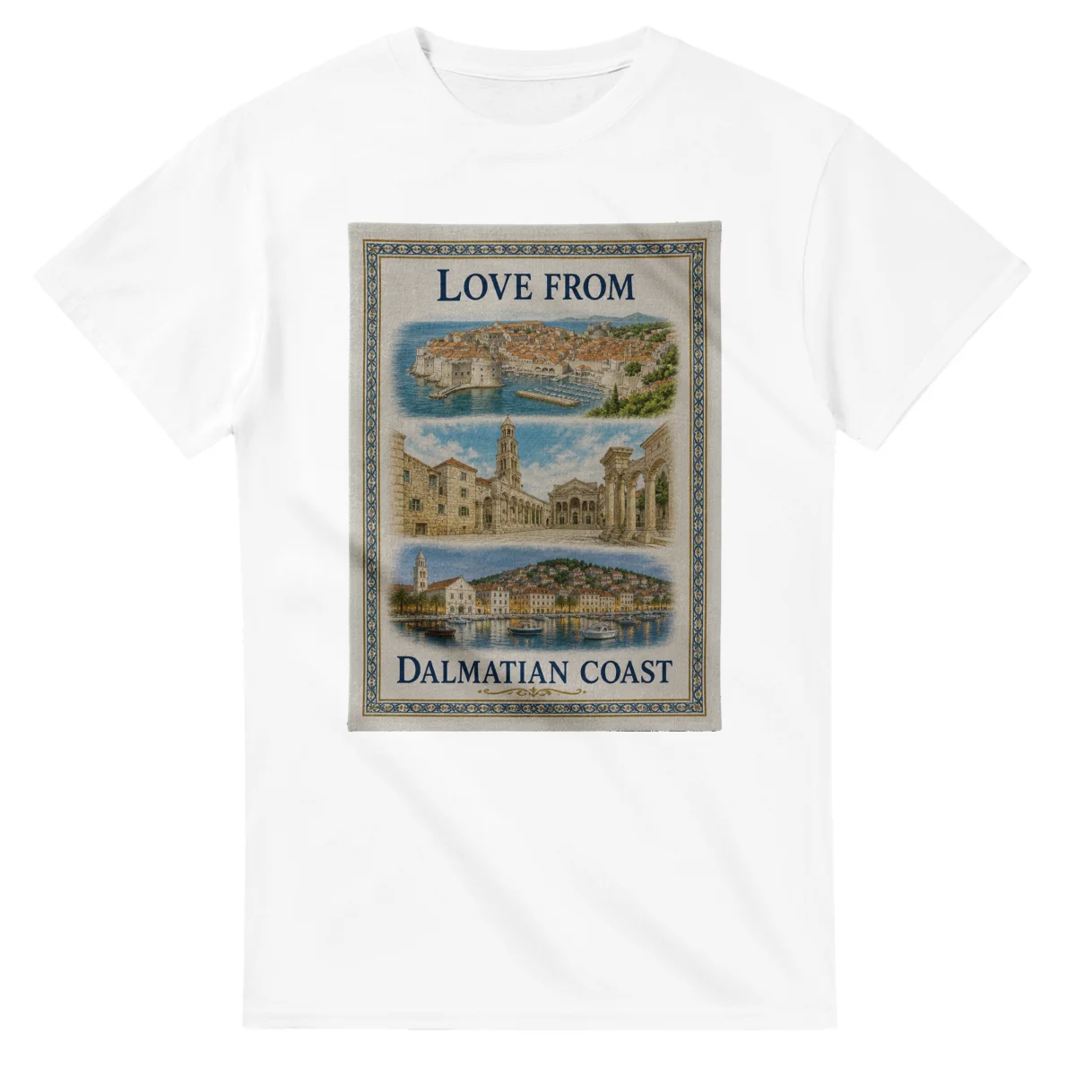 Framed scenic design for Dalmatian Coast, with several local views, a decorative border and LOVE FROM lettering.