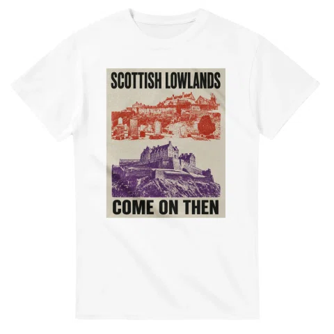 Two-colour scenic illustration for Scottish Lowlands, with the place name and COME ON THEN lettering.