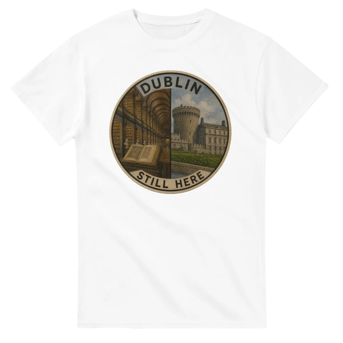 Painted, panelled scenic illustration for Dublin, with paired local scenes and the place name in lettering.