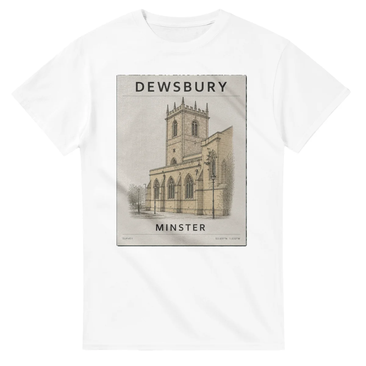 Fine-line engraving-style drawing for Dewsbury, with a landmark caption and small coordinate text.