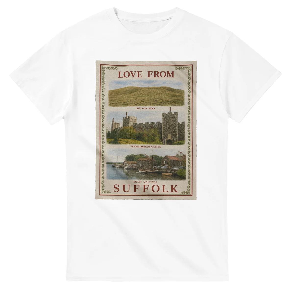 Framed scenic design for Suffolk, with several local views, a decorative border and LOVE FROM lettering.