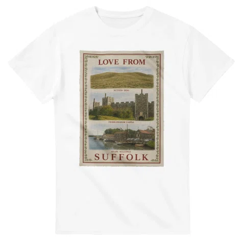 Framed scenic design for Suffolk, with several local views, a decorative border and LOVE FROM lettering.