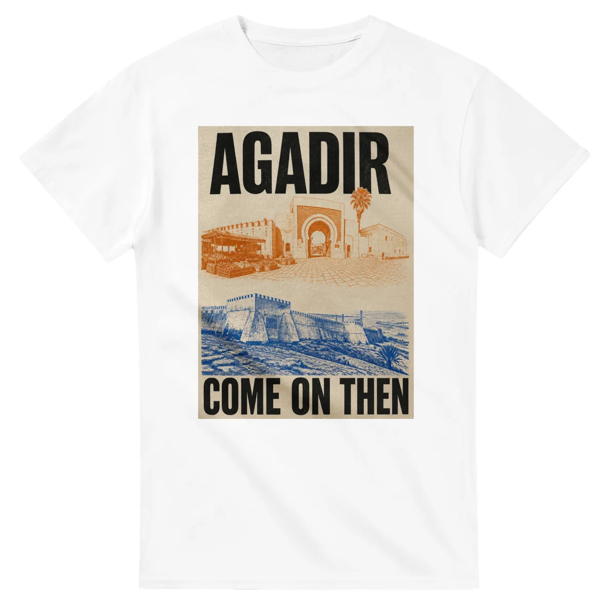 Two-colour scenic illustration for Agadir, with the place name and COME ON THEN lettering.