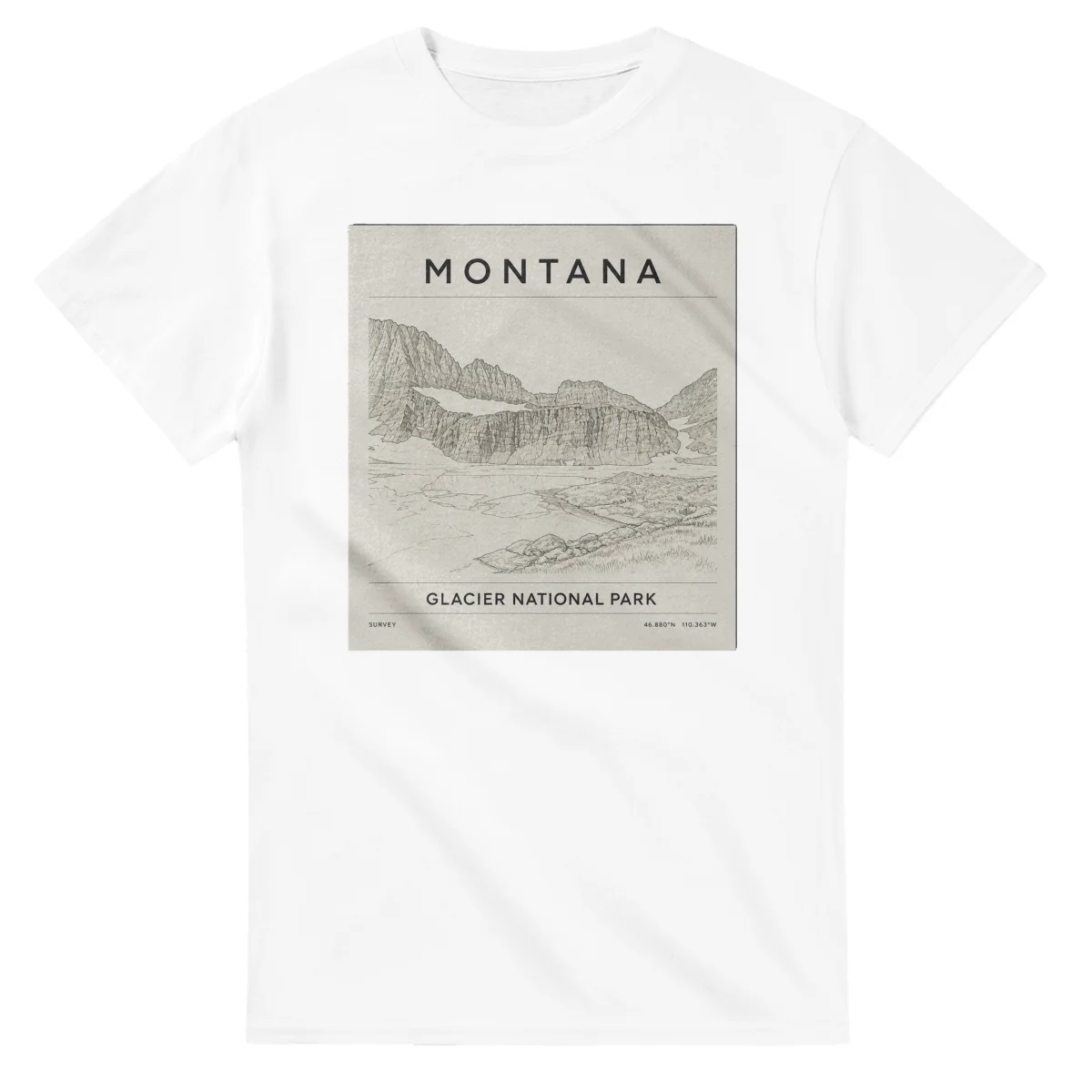 Fine-line engraving-style drawing for Montana, with a landmark caption and small coordinate text.