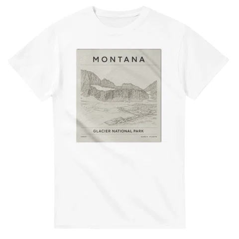 Fine-line engraving-style drawing for Montana, with a landmark caption and small coordinate text.