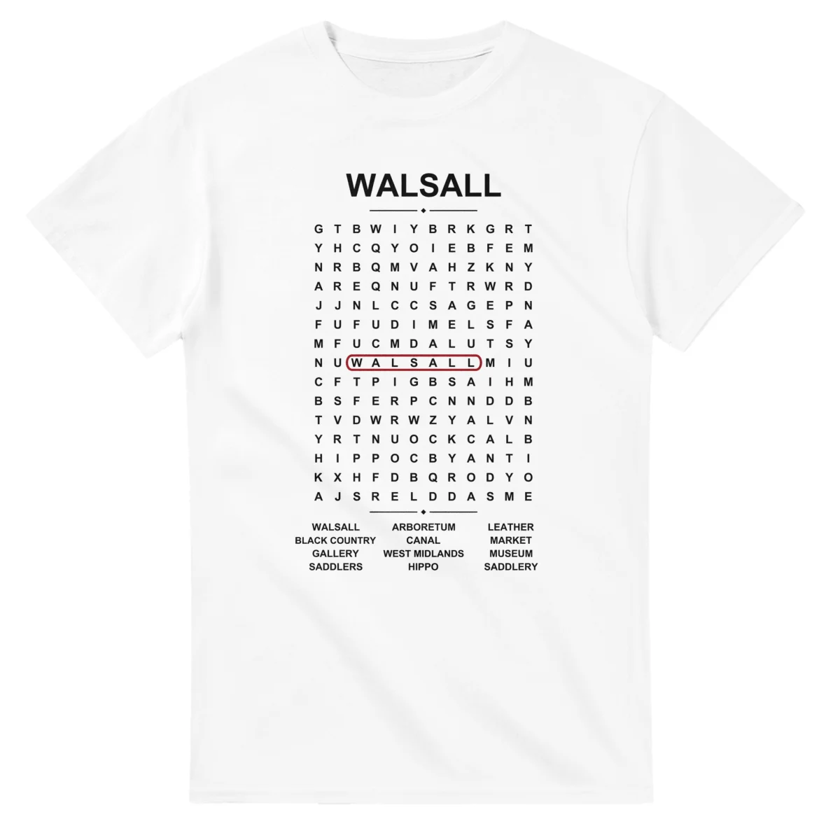 Word-search sheet for Walsall, with a large place-name heading, a letter grid, a local answer list, and a red highlighted example word.