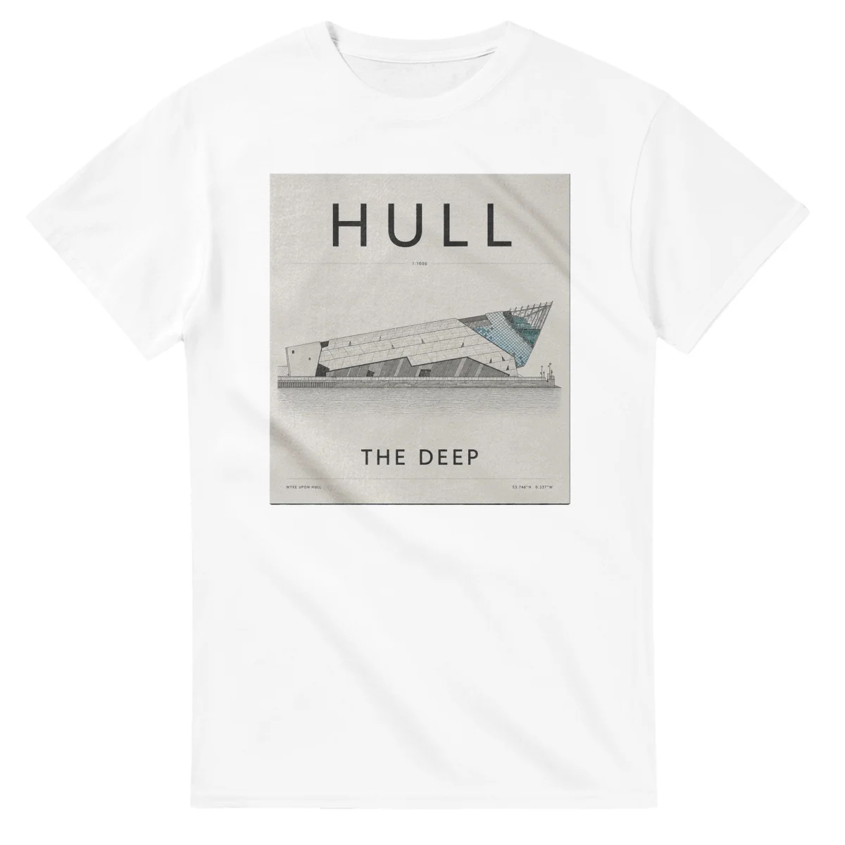 Fine-line engraving-style drawing for Hull, with a landmark caption and small coordinate text.