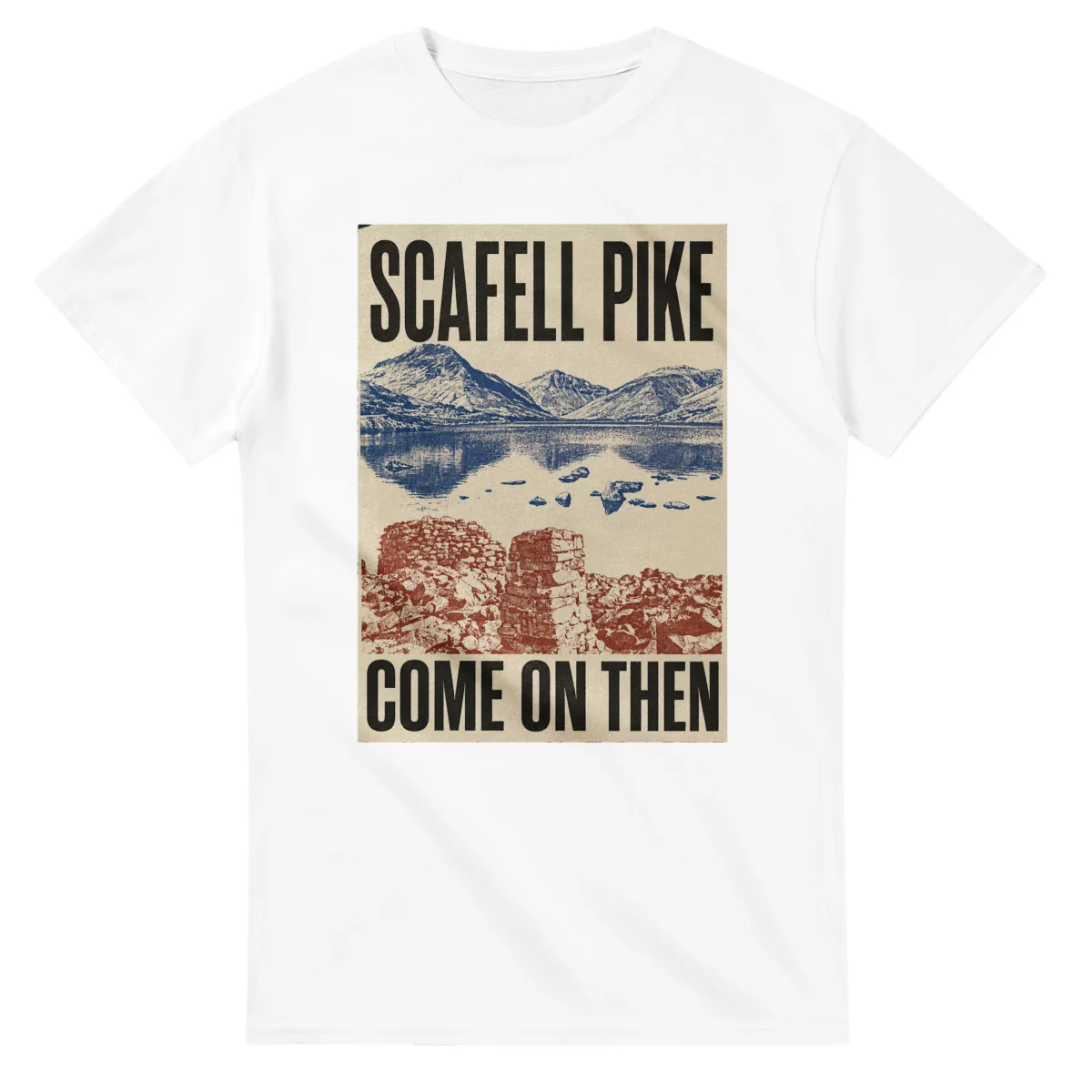 Two-colour scenic illustration for Scafell Pike, with the place name and COME ON THEN lettering.