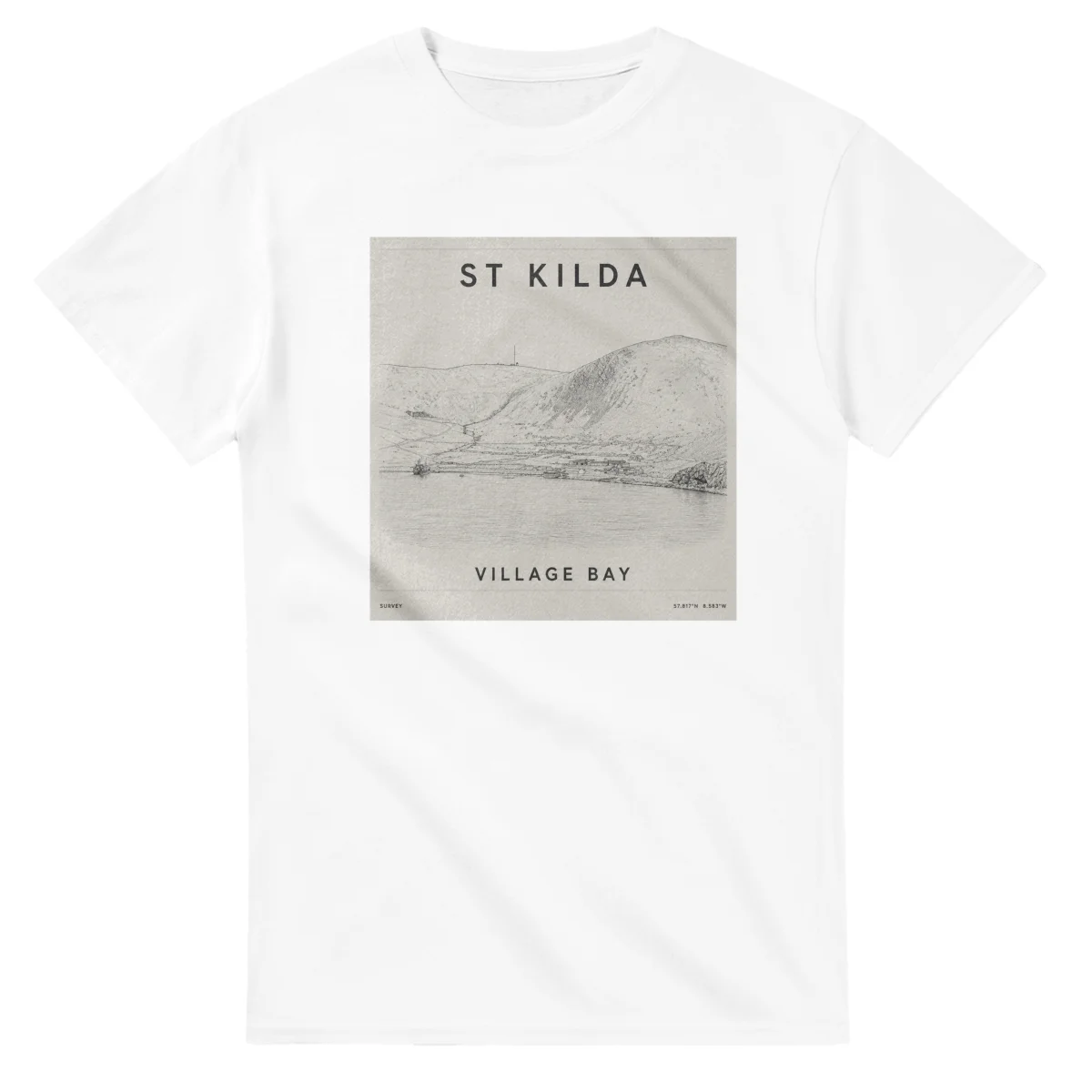 Fine-line engraving-style drawing for St Kilda, with a landmark caption and small coordinate text.