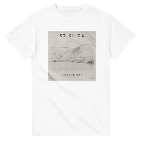 Fine-line engraving-style drawing for St Kilda, with a landmark caption and small coordinate text.