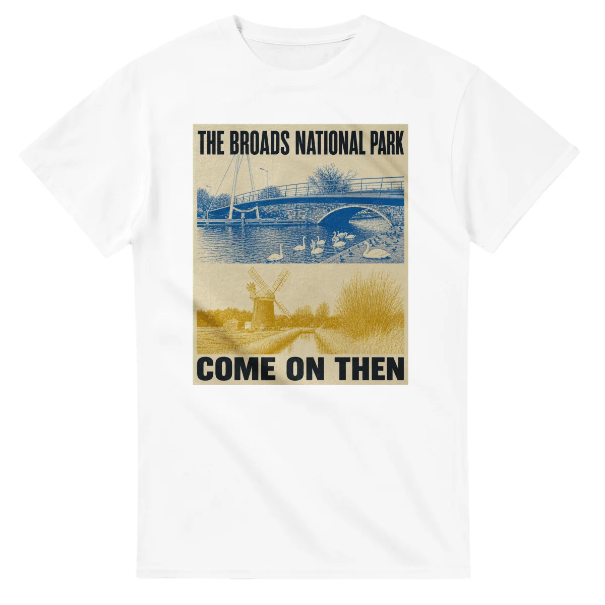 Two-colour scenic illustration for The Broads National Park, with the place name and COME ON THEN lettering.