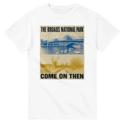 Two-colour scenic illustration for The Broads National Park, with the place name and COME ON THEN lettering.