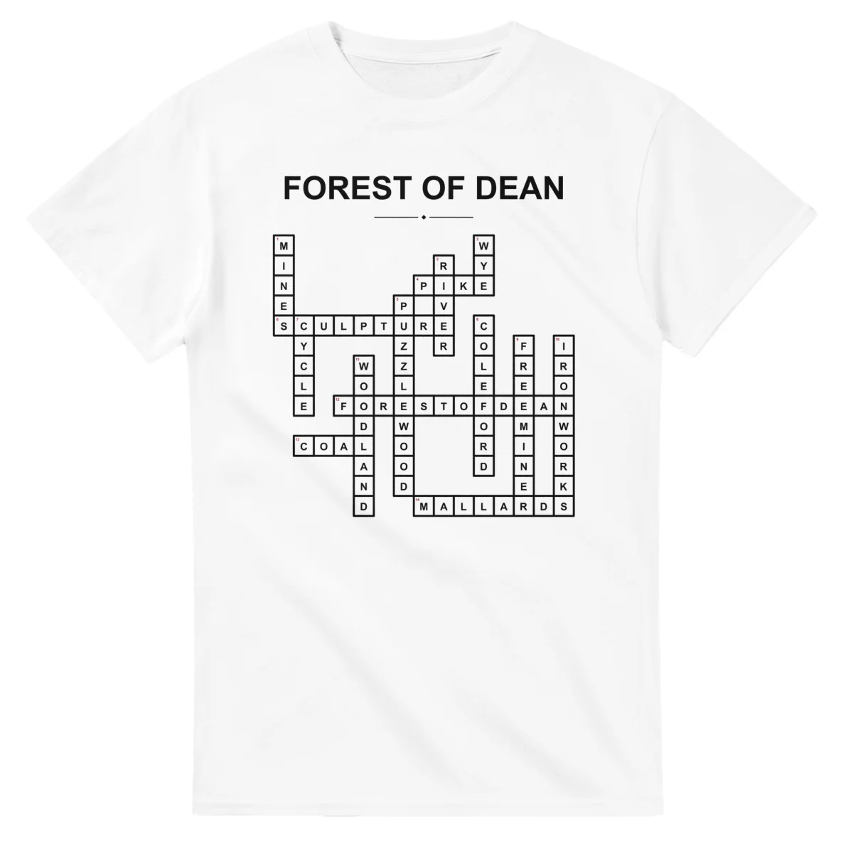Monochrome crossword sheet for Forest of Dean, with a large place-name heading, a letter grid, and numbered across and down clues.