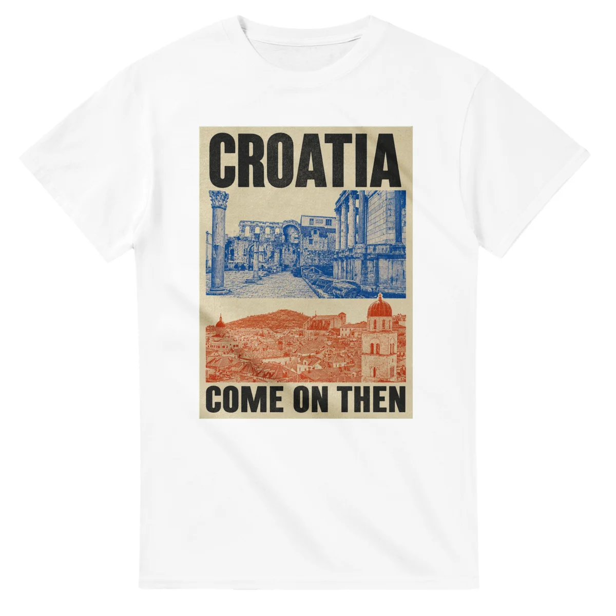 Two-colour scenic illustration for Croatia, with the place name and COME ON THEN lettering.