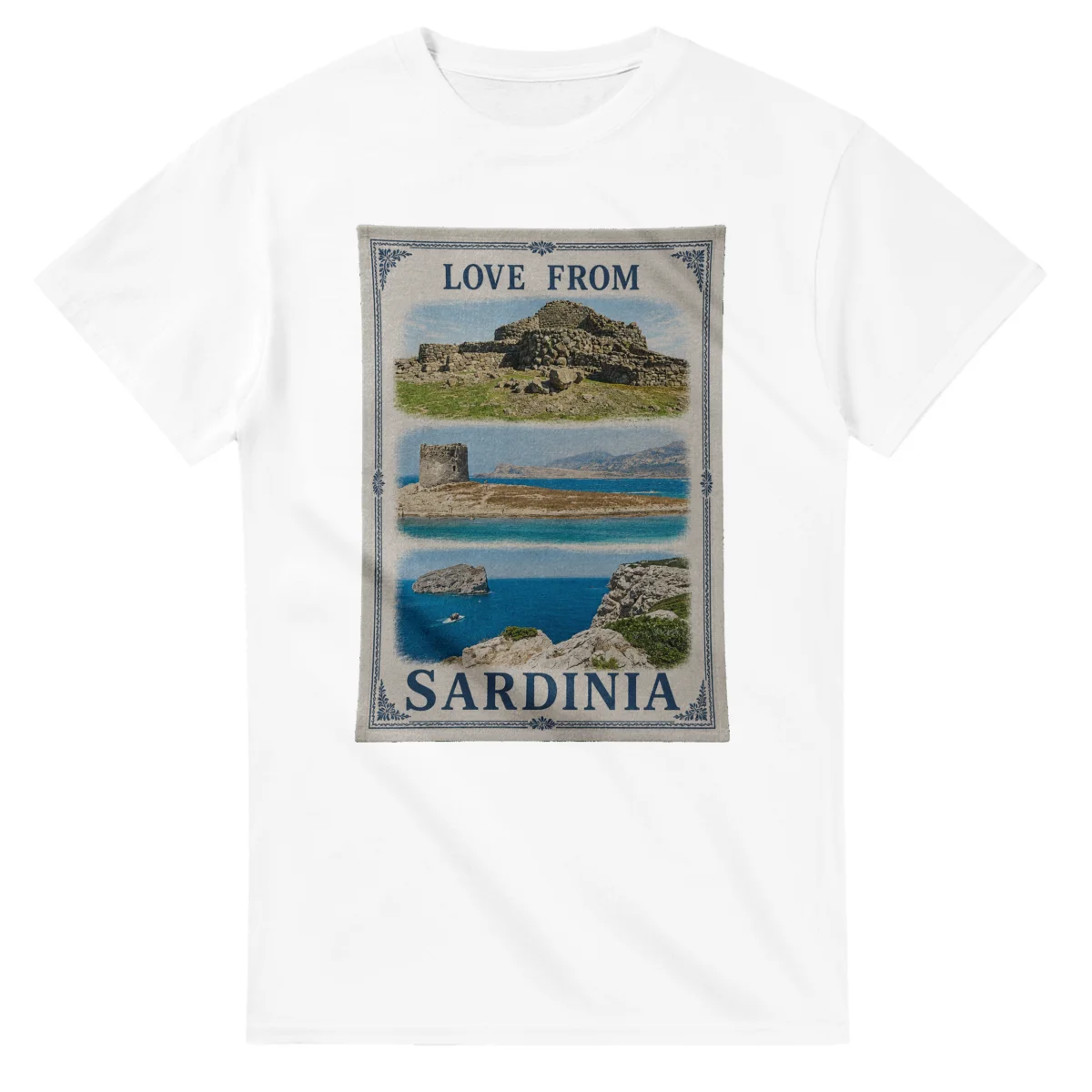 Framed scenic design for Sardinia, with several local views, a decorative border and LOVE FROM lettering.