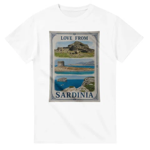 Framed scenic design for Sardinia, with several local views, a decorative border and LOVE FROM lettering.